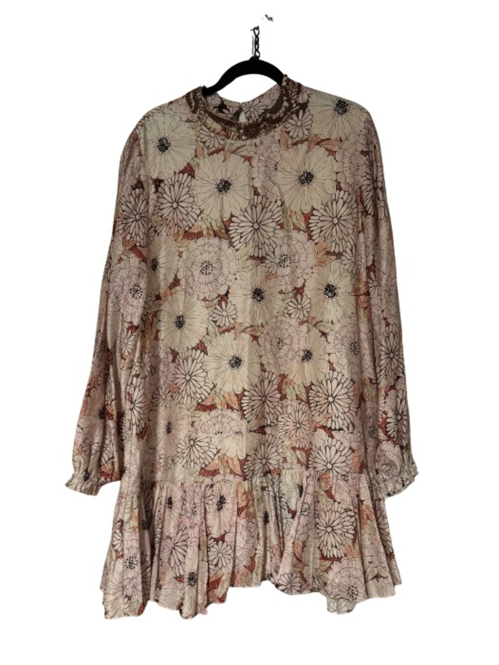 Anthropologie Beaded Neck Floral Long-Sleeve Ruffle Hem Dress